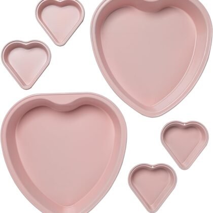 Paris Hilton Heart Shaped Nonstick Bakeware Set, Easy Release Carbon Steel, Includes two 9.5-Inch Pans and four Mini 3.5-Inch Pans, Dishwasher Safe, Made without PFAS or PFOA, 6-Piece Set, Pink