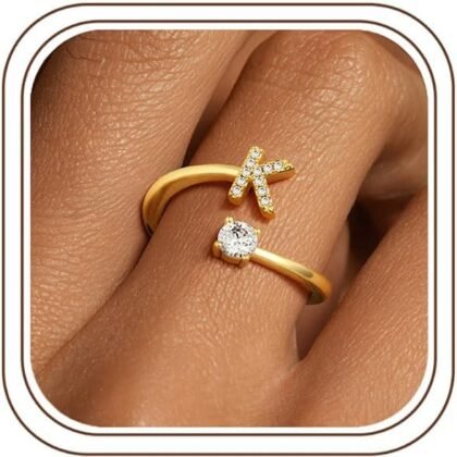 M MOOHAM Easter Basket Stuffers for Teens - Initial Rings for Teen Girls Women14K-Gold-Plated Dainty Adjustable Rings for Women Jewelry Personalized Easter Gifts for Kids