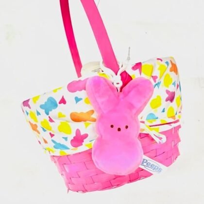 Pink Easter Basket with Marshmallow Scented Peeps Bunny, Colorful Pattern Liner, Woven Design