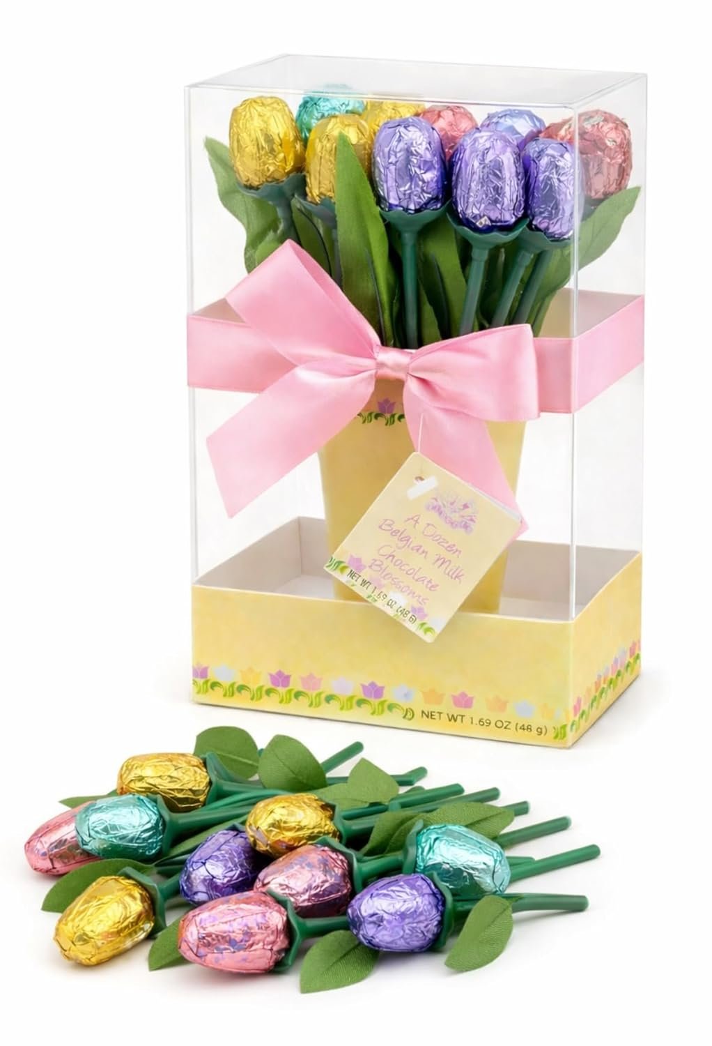 Milk Chocolate Tulip Flowers Bouquet, 1.2 Oz, Mother's Day Gift, Easter Basket Stuffer, Colorful Foil Wrapped