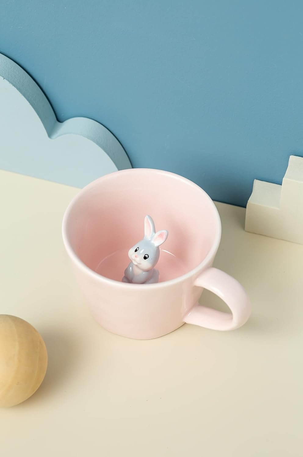 DIHOclub Rabbit Ceramic Cup Hidden 3D Animal Inside Mug,Cute Cartoon Bunny Handmade Figurine Mugs,Easter Gifts,12 OZ (Pink) - Image 3
