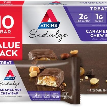 Atkins Endulge Caramel Nut Chew Bar, Low Sugar Snack, Dessert Bar, High Fiber Bar 1g Sugar, 10 Count