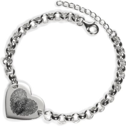 PERIMADE Custom Fingerprint Heart Bracelet Personalized Engraved Actual Handwriting Text Bracelet, 925 Sterling Silver Customized Chunky Link Love Charm Bracelet Memorial Gift for Mother Best Friend