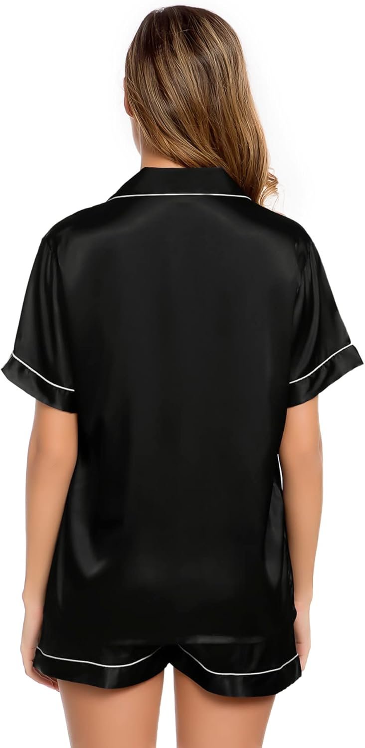 LecGee Womens Silk Satin Pajamas Short Sleeve Loungewear Two-Piece Sleepwear Button-Down Pj Set - Image 4