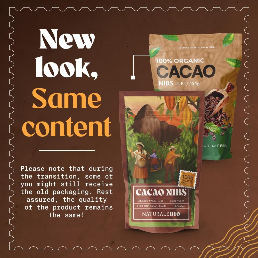 NaturaleBio Cacao Nibs Organic 1 lb. Unsweetened, Non-Alkalized and Pure. Sugar-Free Dark Chocolate Chips Substitute. Non-GMO, Gluten Free, Tested for Heavy Metals. From Raw Cacao Beans - Image 10