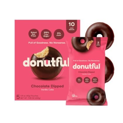 Donutful Chocolate Dipped Mini Donuts – Baked Not Fried, Less Sugar, Nothing Artificial, Non-GMO, Individually Wrapped Snack Packs (30 Donuts/Box)