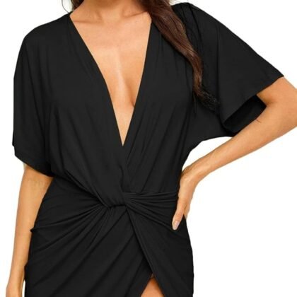 Floerns Women's Deep V Neck Twisted Plunging High Slit Mini Party Dress