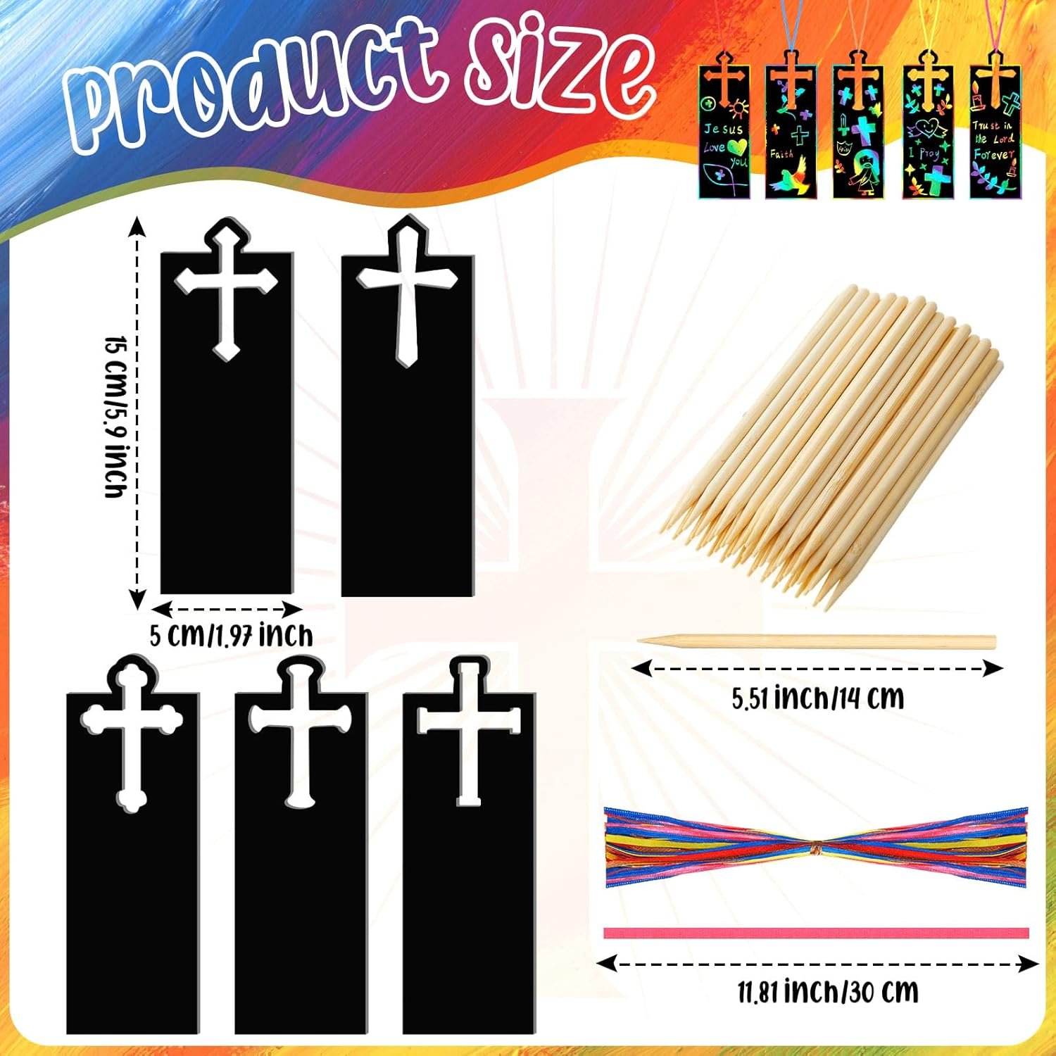Eersida 100 Pcs Christian Cross Scratch Cards Cross Ornaments DIY Bookmarks Paper Cards Rainbow Color Craft Kit Scratch Off Paper Religious Party Favors Easter Baptism Birthday Gifts Church Decor - Image 3