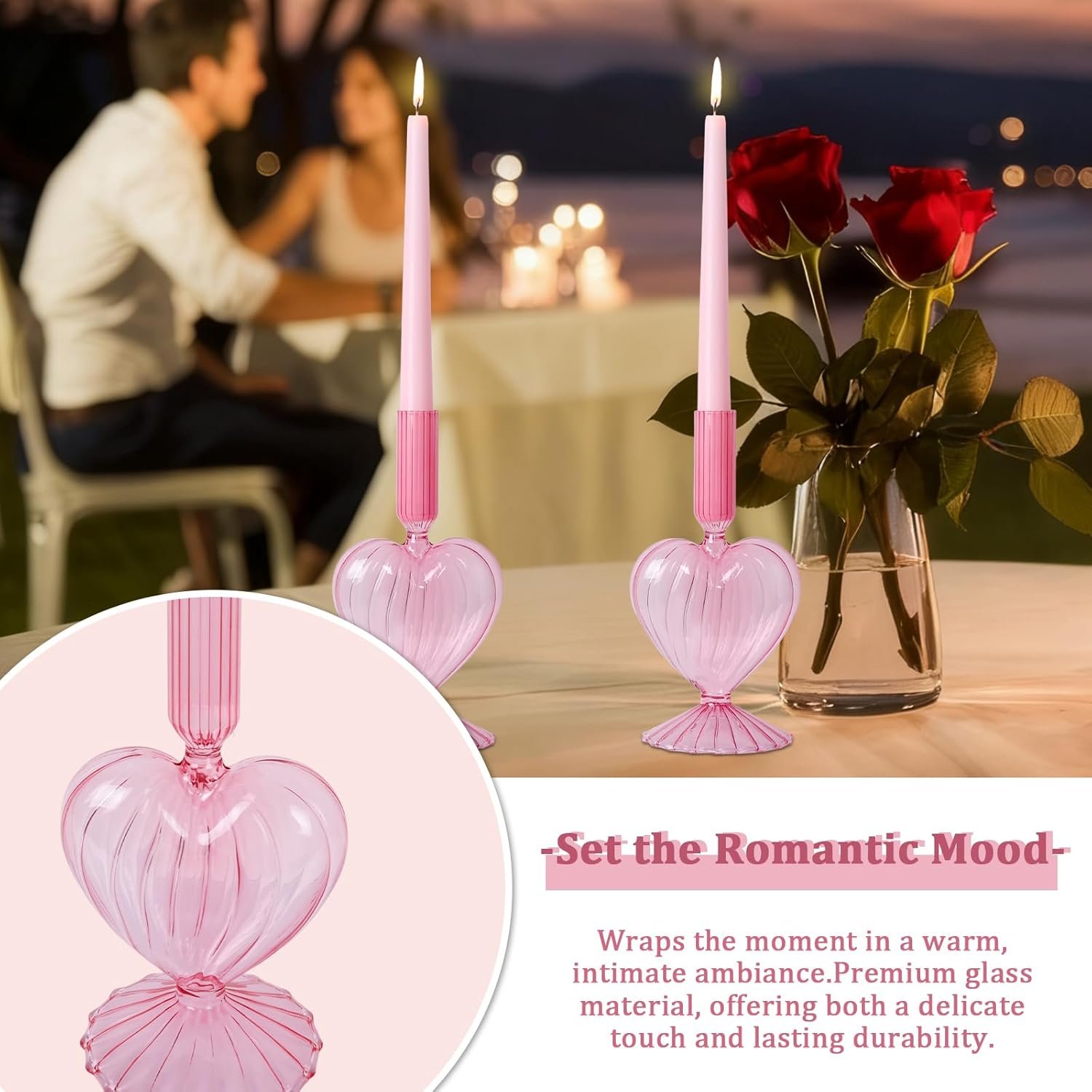 NEEDOMO Valentines Day Decorations, Set of 2 Pink Heart Glass Candlestick Holders for Valentines Decor, Taper Candle Holders Table Centerpieces for Romantic Wedding Party Mantel Decor - Image 4