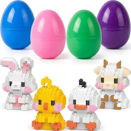 4 Pack Prefilled Easter Eggs with Mini Building Blocks Toys, Bunny Chick Duck Sheep, Easter Basket Stuffers Egg Fillers Gifts for Kids Ages 6+