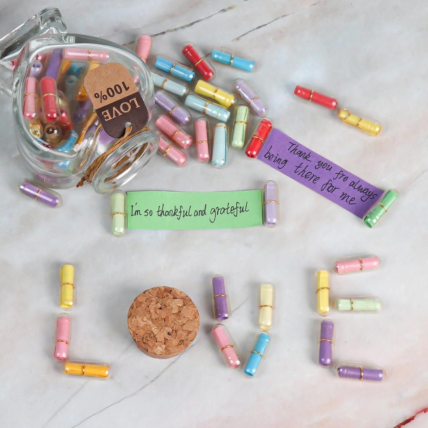 Capsule Letters Message in Glass Bottle,Message Pills Love Letter Gift for Boyfriend Girlfriend Wife Friend Birthday Christmas Anniversary Valentine Day Gift. (44PCS in a Bottle) - Image 5