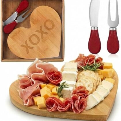 CHENGU 1 Set Heart Charcuterie Boards Bridal Baby Shower Favor Heart Cheese Board with Knife and Fork Valentine's Day Clear Gift Box for Guest Bridal Baby Shower Prize Wedding Valentines Birthday