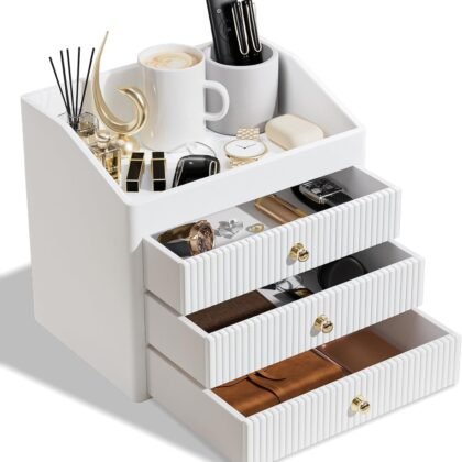 Office Accessories,Begie White Vegan Leather Office Supplies with 3 Drawers & Tray for Desk,Perfume Organizer with Gold-Tone Metal Accents Knob for End Tables,Bedside Table,Bedroom