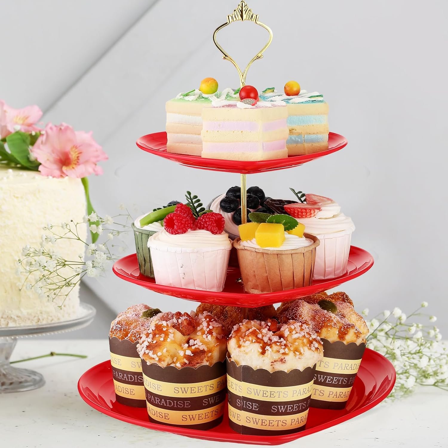 Layhit 4 Pack Valentine‘s Day 3 Tier Cupcake Stand Heart Shaped Serving Trays for Party Plastic Dessert Cupcake Stand for Tea Party Baby Shower Wedding(Red) - Image 8