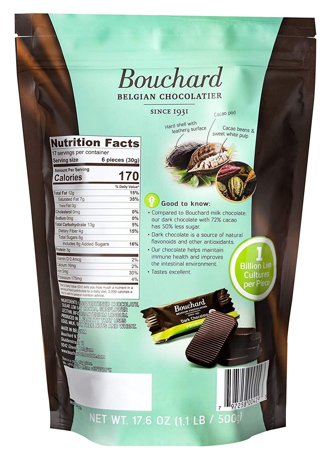 Bouchard Probiotics Belgian Chocolate Dark 72% Cacao (1.1 LB / 500 G) - Image 2