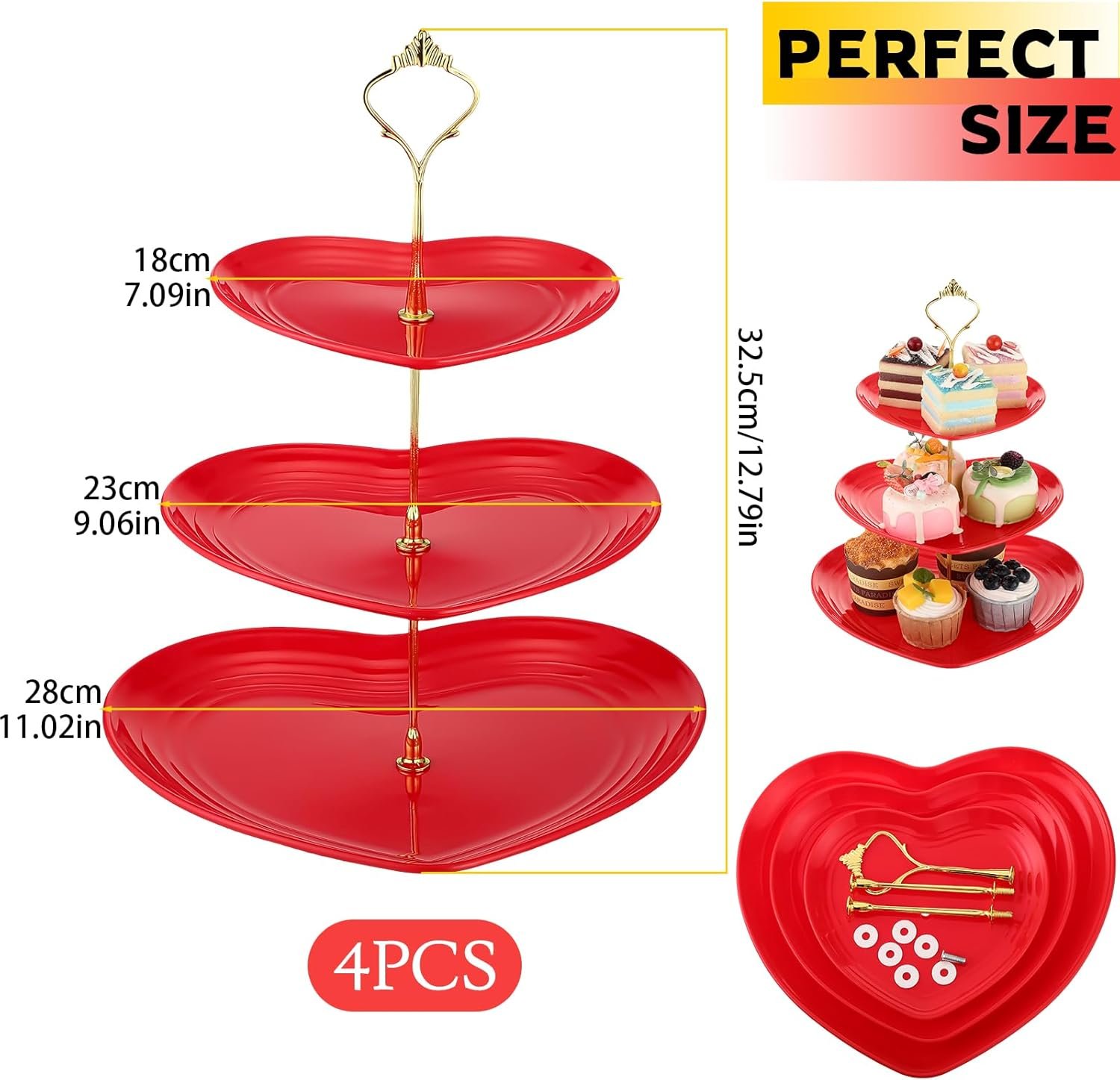 Layhit 4 Pack Valentine‘s Day 3 Tier Cupcake Stand Heart Shaped Serving Trays for Party Plastic Dessert Cupcake Stand for Tea Party Baby Shower Wedding(Red) - Image 2
