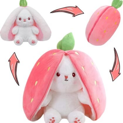 MIAODAM Easter Bunny Stuffed Animal, Carrot and Strawberry Bunny Plush Turn Into Rabbit Fruit Doll, Plushies Funny Bunny Toy for Baby (Strawberry Rabbit, 10inch)