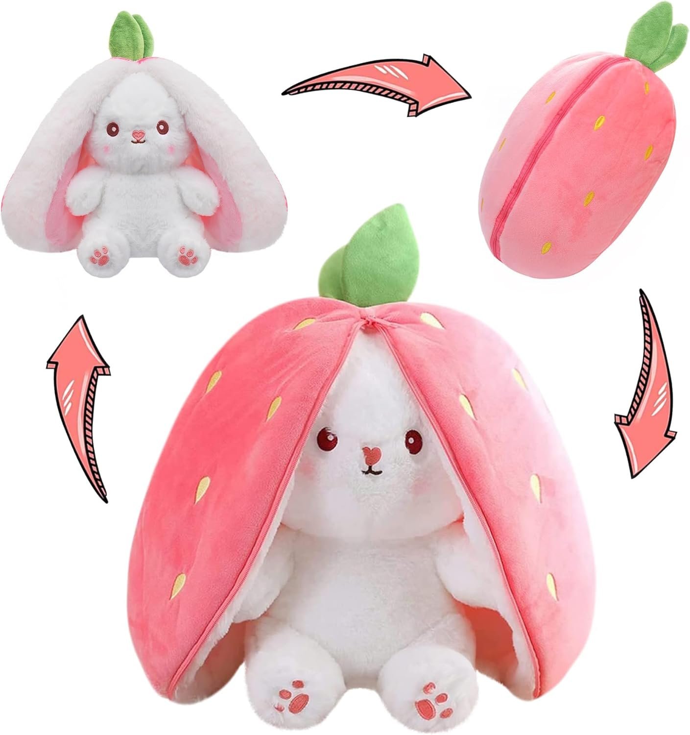 MIAODAM Easter Bunny Stuffed Animal, Carrot and Strawberry Bunny Plush Turn Into Rabbit Fruit Doll, Plushies Funny Bunny Toy for Baby (Strawberry Rabbit, 10inch)