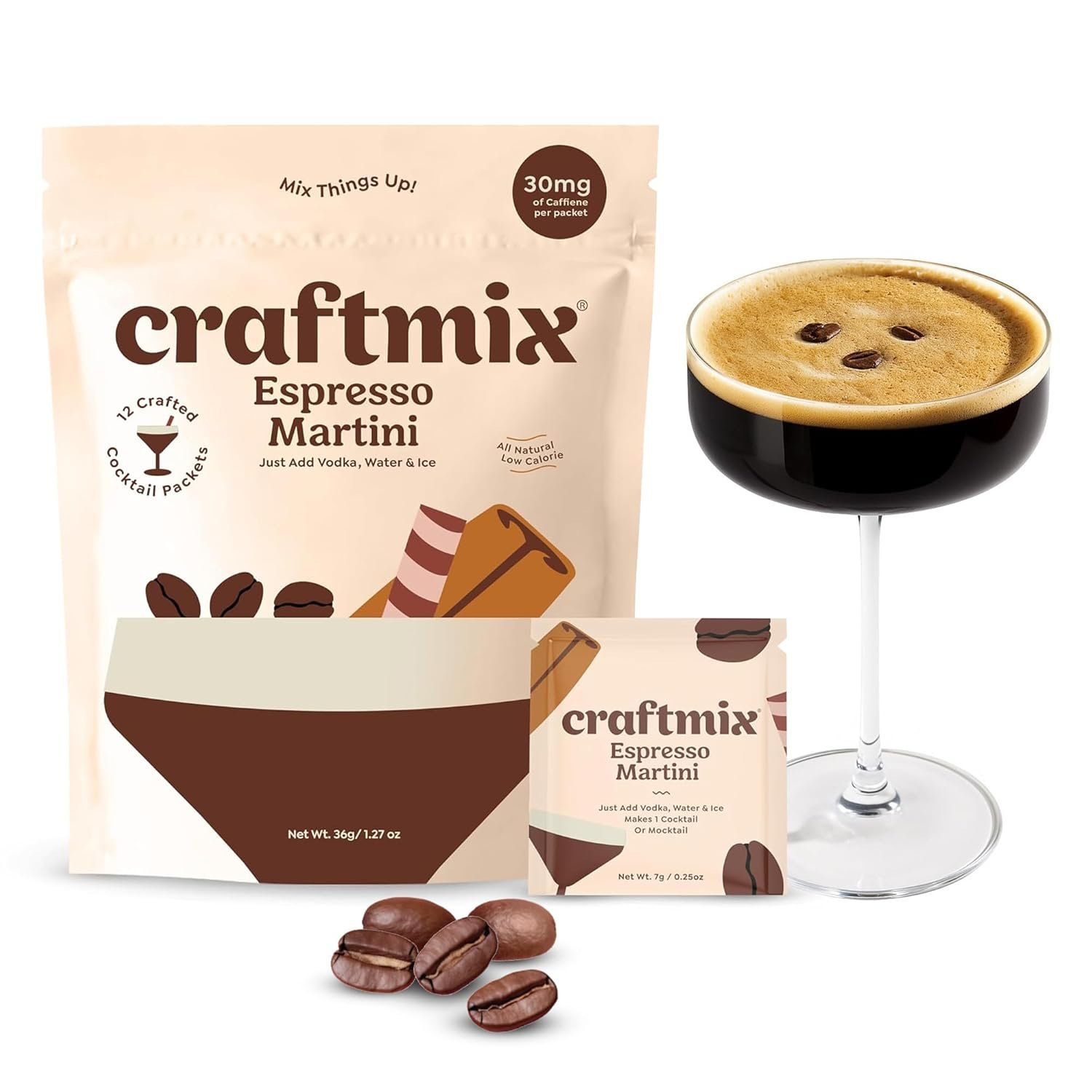 Craftmix Espresso Martini Cocktail & Mocktail Drink Mixer, Skinny Mixes - Water Flavoring Packets - Made With Real Coffee Beans - Vegan, Low-Carb, Low-Sugar, Non-GMO, Dairy Free, Gluten Free, 12 Pack