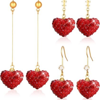 Red Heart Drop Earrings for Women, Sparkling Full-Crystal Valentine's Heart Dangle Earrings, Gold-Plated Statement Jewelry for Party/Wedding/Gift