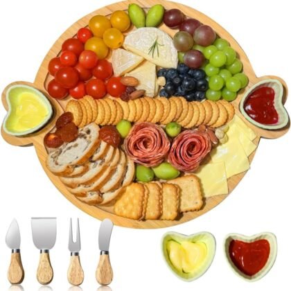 Charcuterie Boards,Cute Bamboo Cheese Board,House Warming Gifts New Home,Wedding Bridal Shower Gift,Valentine Birthday Mother's Day for Women Mom,Round Meat Fruit Serving Tray Platter