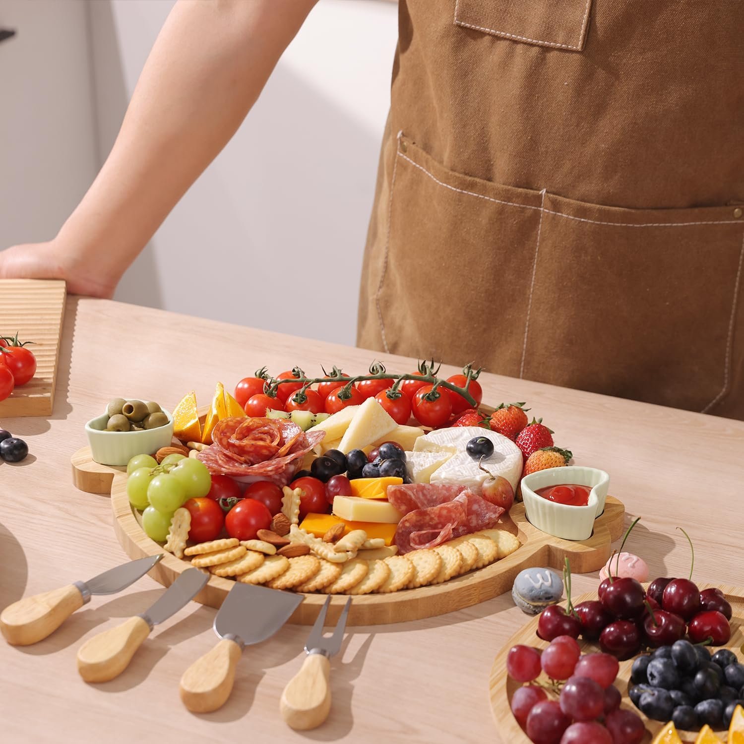 Charcuterie Boards,Cute Bamboo Cheese Board,House Warming Gifts New Home,Wedding Bridal Shower Gift,Valentine Birthday Mother's Day for Women Mom,Round Meat Fruit Serving Tray Platter - Image 5