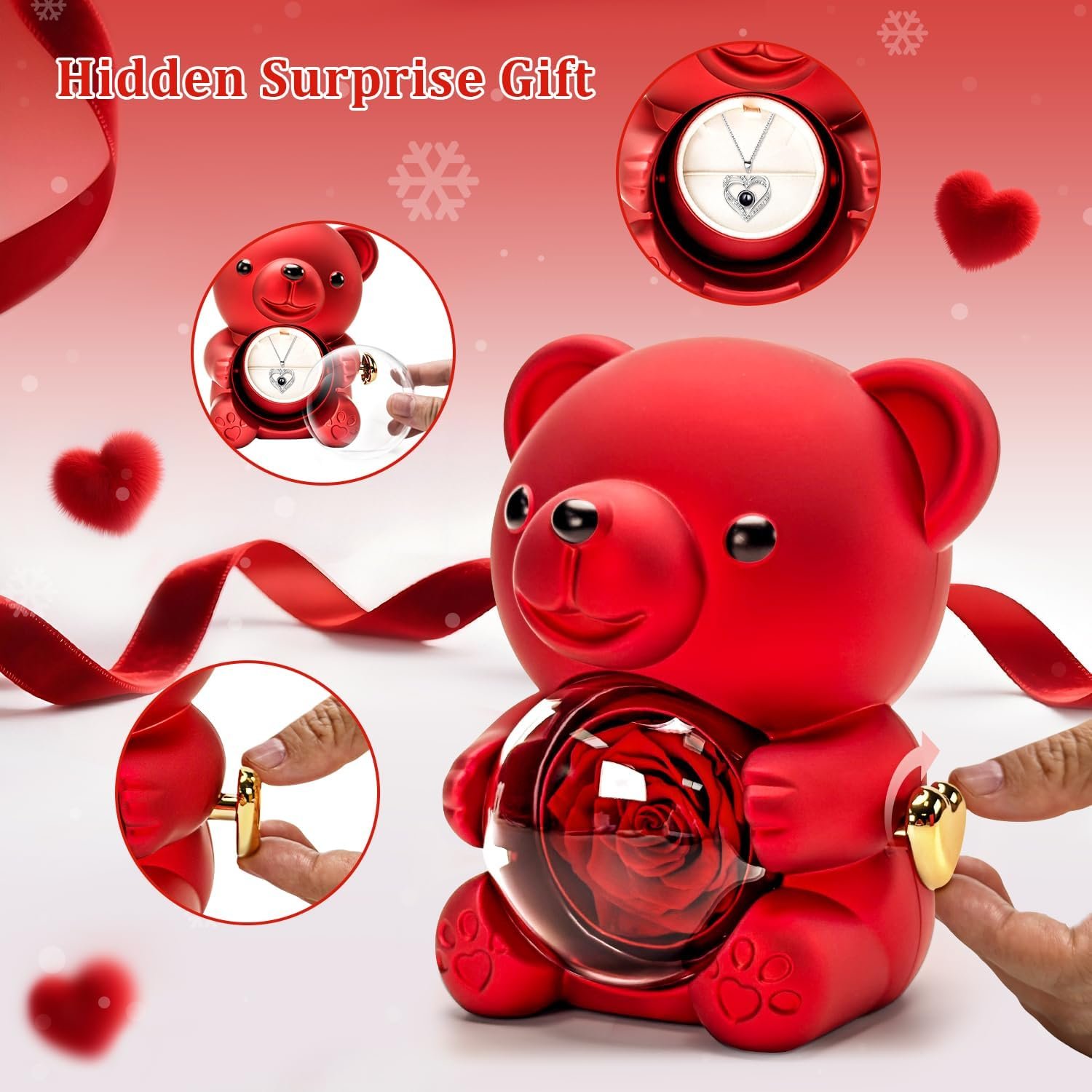 HITOP Rose Gifts for Women - Cute Teddy Bear with Preserved Real Roses Forever Flowers and I Love You in 100 Languages Necklace for Girlfriend Her Wife Mom Grandma on Birthdays, Anniversaries - Image 2