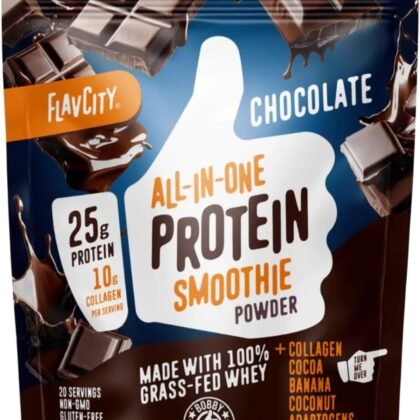 FlavCity Chocolate Protein Powder, Organic Cocoa with Collagen Peptides, Reishi & Cordyceps Mushrooms - Focus, Skin, Hair & Joint Support - 100% Grass Fed Whey All in One Smoothie, 20 Servings