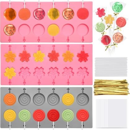 303Pcs Silicone Lollipop Molds Kit, Lollipop Maker Molds Set, Non-Stick Lollipop Candy Molds for Chocolate, 3D Flower Silicone Mold for Hard Candy with 100P Sticks, 100P Candy Bags, 100P Ties