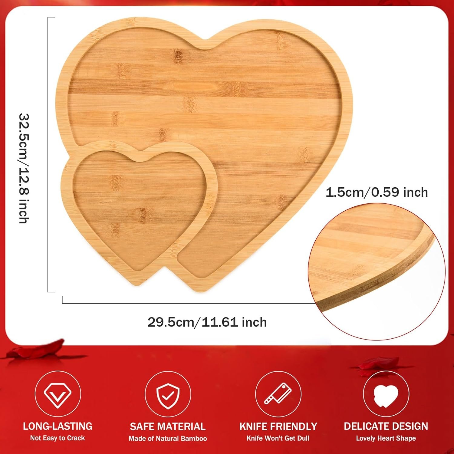 AWIZOM Heart Shaped Bamboo Serving Tray Valentine's Day Wooden Serving Platter Heart Shape Cheese Charcuterie Board Snack Dessert Candy Dish Plate for Wedding Mother's Day Present,12.8x11.61x0.59 - Image 2