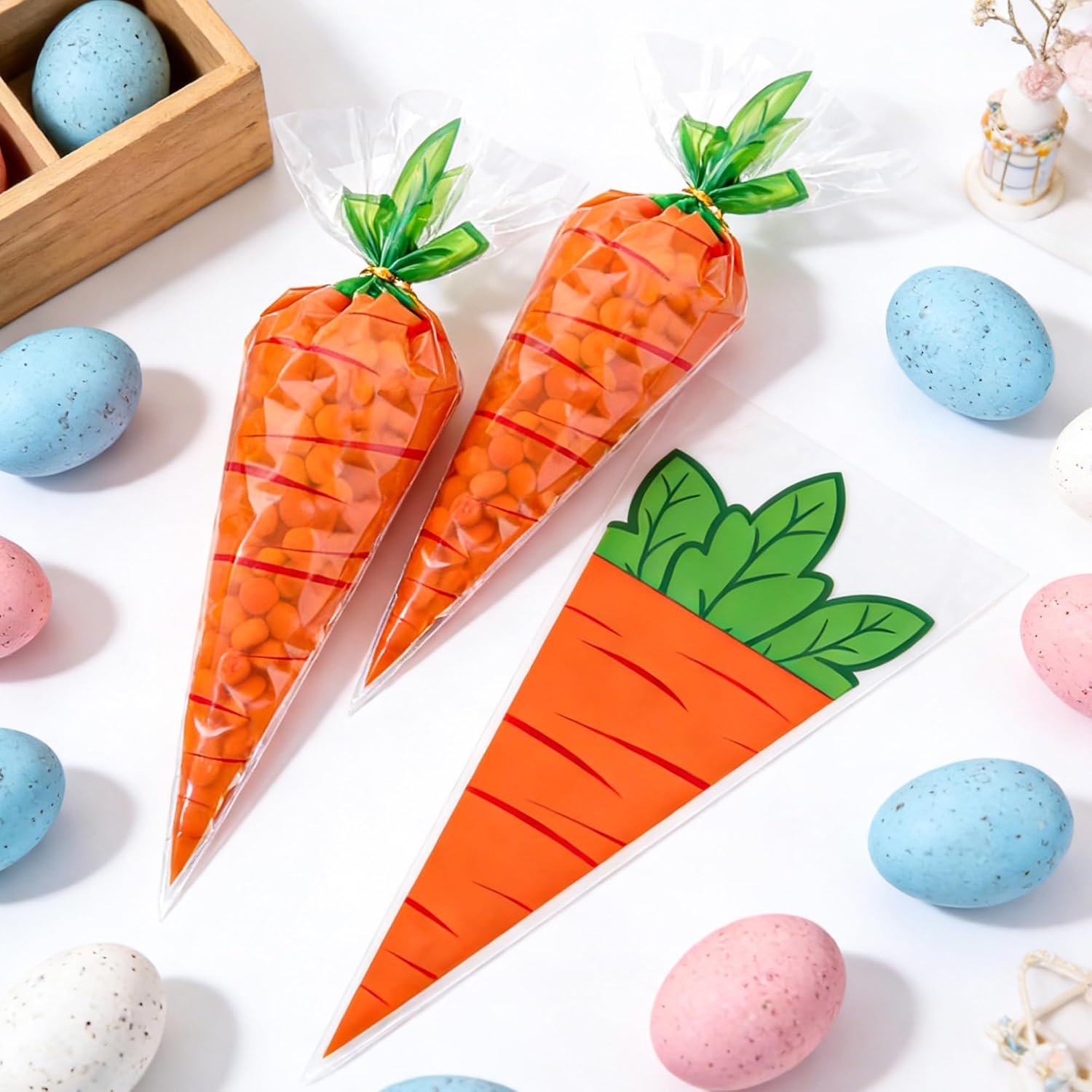 Easter Carrot Transparent Cone Cello Bags, Easter Treat Bags, Easter Goodie Bags, Cellophane Cone Shaped Candy Cookie Popcorn Snack Goody Bags with Twist Ties for Easter Party Favor Supplies, 50Pcs - Image 4