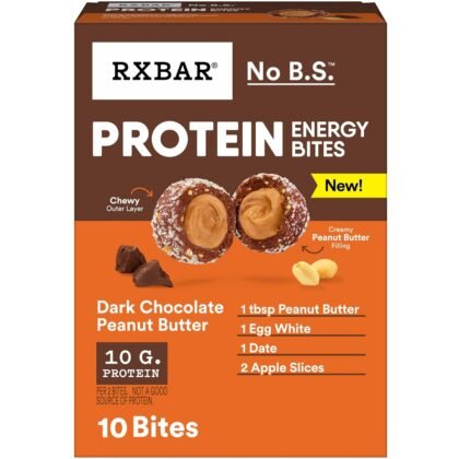 RXBAR Protein Energy Bites, Gluten Free Protein Balls, Dark Chocolate Peanut Butter, 8.8oz Box (10 Bites)