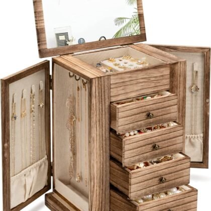 Emfogo Jewelry Box for Women, 5 Layer Large Wood Boxes & Organizers for Necklaces Earrings Rings Bracelets, Rustic Organizer with Drawers and Mirror(Carbonized Black)