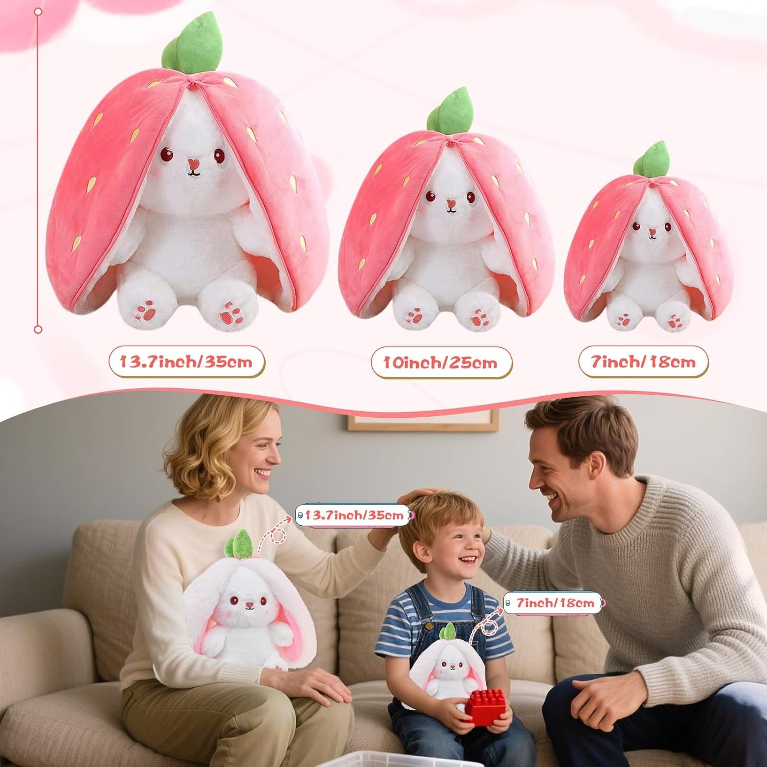 MIAODAM Easter Bunny Stuffed Animal, Carrot and Strawberry Bunny Plush Turn Into Rabbit Fruit Doll, Plushies Funny Bunny Toy for Baby (Strawberry Rabbit, 10inch) - Image 3
