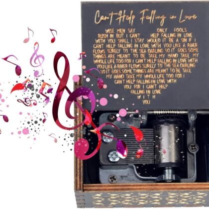 Music Box Romantic Valentines Day Gift for Her Him, Antique Laser Engraved I Can't Help to Falling in Love with You Hand Cranked Musical Box for Women Wedding,Anniversary,Birthday