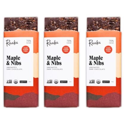 Raaka Chocolate Maple & Nibs, 75% Cacao Dark Chocolate | Gourmet Dark Chocolate Gift | Organic, Paleo, Vegan, Fair Trade, Soy Free, Non GMO, Gluten Free, Kosher | 1.8oz Bars, 3-Pack