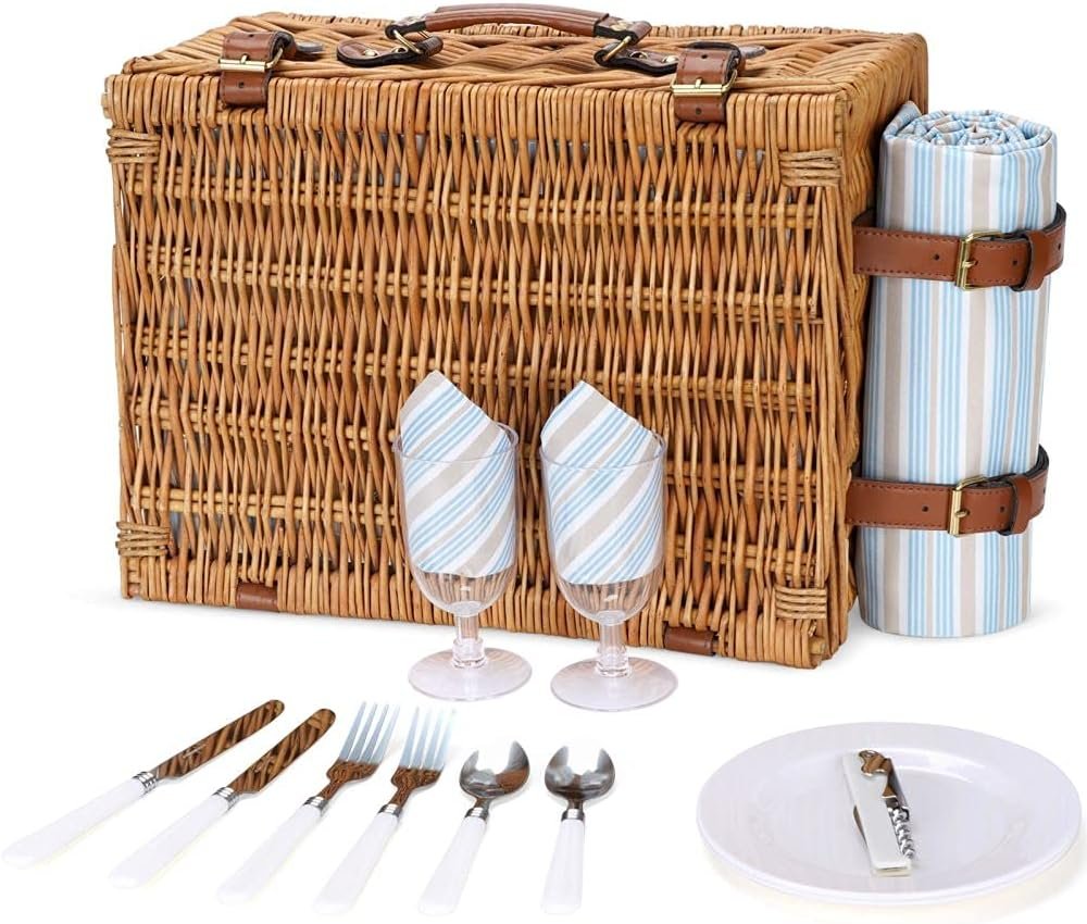 Picnic Basket Set for 2 Persons, Willow Hamper with Large Insulated Cooler Compartment, Waterproof Blanket and Cutlery Service Kit-Classical Brown - Image 8