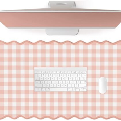 Scalloped‌ Pink Checkered Gingham Desk Mat Cute Pastel Large Mouse Pad Kawaii Cottagecore ‌Vintage‌ Girly Laptop Keyboard Computer Mat Pad Aesthetic Cozy Office Desk Decor for Women
