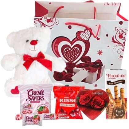 Valentines Day Gift Basket Set | Teddy Bear Plush (COLOR VARYS), Creme Savers Hard Candy, Individually Wrapped, Hershey Kisses Milk Chocolate, Heart Shape Elmer Chocolates Dark Chocolate or Hazelnut Pirouline Wafers, & Valentine Bag (Design Varies |