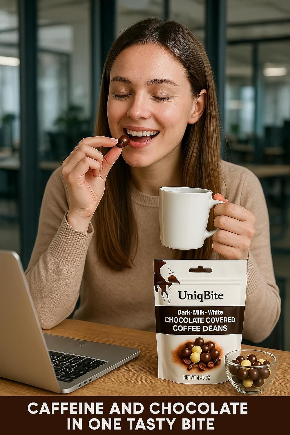 UNIQBITE Chocolate Covered Coffee Beans, 4.4 Oz, Mixed Chocolate Dragees with Whole Roasted Coffee, White-Dark-Milk Chocolates, Resealable Bag - Image 3