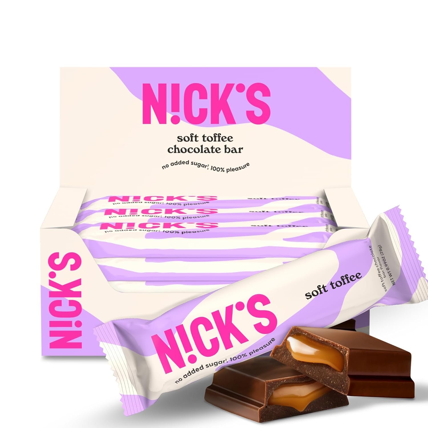NICKS Soft Toffee Chocolate Candy Bar with Caramel Sauce Without Added Sugar,110 Calories, 3.5 Net Carbs, Gluten Free, Low Carb Candy – 15-Pack (28g Each)
