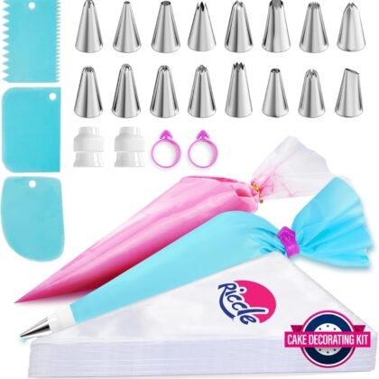 Riccle Piping Bags and Tips Set, 11.8 Inch 100 Anti Burst Piping Bags, 124 Pcs Cake Decorating Kit with 16 Piping Tips, 1 Reusable Pastry Bags, 3 Cake Scrapers, 2 Couplers, and 2 Icing Bags Ties
