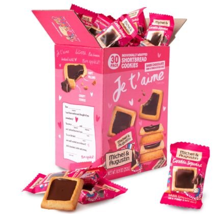 Michel et Augustin Chocolate Cookie Squares, Valentine’s Chocolate Gift Box, Dark Chocolate & Sea Salt French Shortbread Cookies, Valentine’s Candy Bulk, Individually Wrapped, 30-Pack