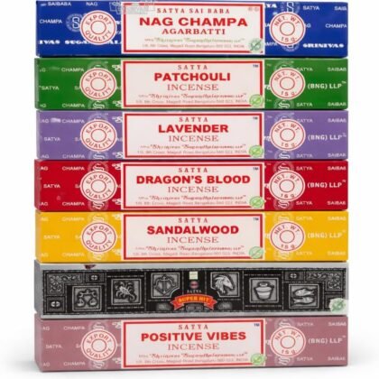 Satya Incense Gift Set Nag Champa, Super hit, Dragon's Blood, Sandalwood, Patchouli, Lavender, Positive Vibes, 15 g