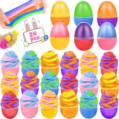 24Pcs Prefilled Easter Eggs Butter Slime Kit, Easter Basket Stuffers Fillers Butter Slime Kit Putty Slime Stretchy Non-Sticky Stress Relief Toy for Boys Girls