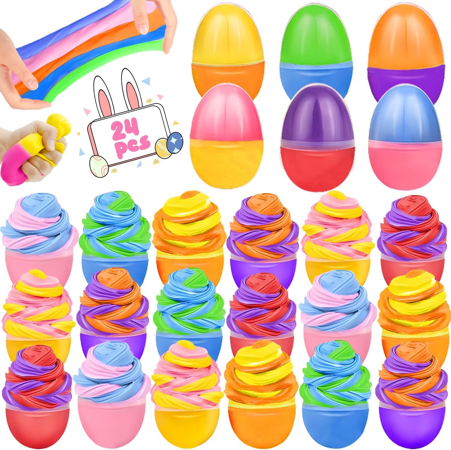 24Pcs Prefilled Easter Eggs Butter Slime Kit, Easter Basket Stuffers Fillers Butter Slime Kit Putty Slime Stretchy Non-Sticky Stress Relief Toy for Boys Girls