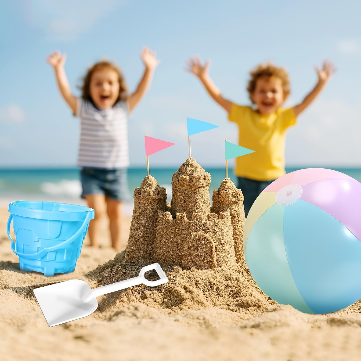 72 Pcs Beach Toys for Kids 24 Set Sand Buckets Shovels Bulk Pastel Beach Balls Inflatable Sand Toys for Girls Boys Toddlers Games Birthday Summer Pool Party Favor (Macaron, Castle) - Image 3