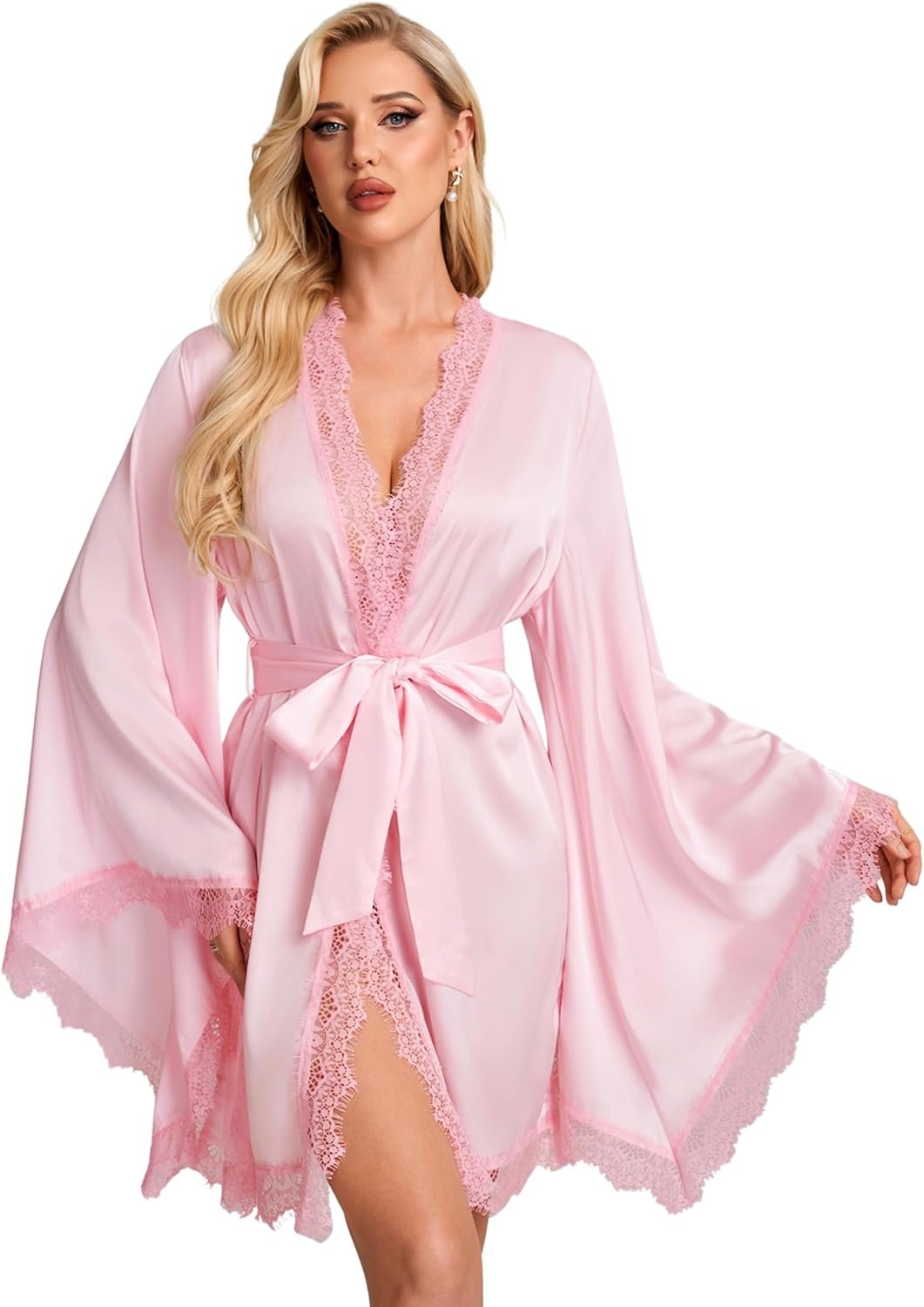Womens Satin Robe Lace Trim High Side Slit Kimono Short Silky Bathrobe Sexy Sleepwear Eyelash Lace Trim Bell Sleeve