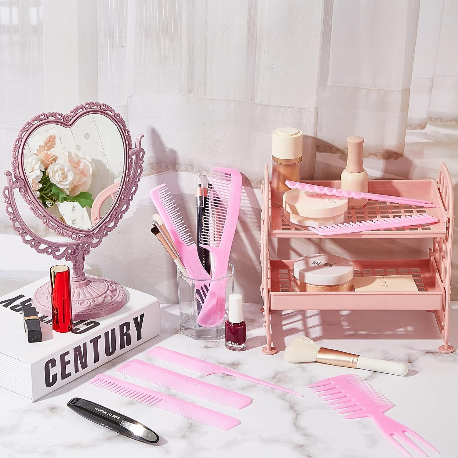 CHENGU Heart Shaped Mirror 8 Pieces Hair Styling Combs Double Sided Rotatable Dresser Heart Mirror Makeup Gifts for Girls Gift Vanity Tabletop(Pink) - Image 7
