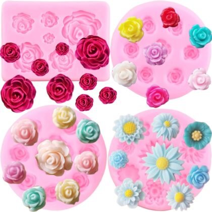 ZiXiang Rose Flower Silicone Molds Daisy Flower Fondant Mold For Cake Decorating Cupcake Topper Candy Polymer Clay Chocolate Gum Paste Set of 4
